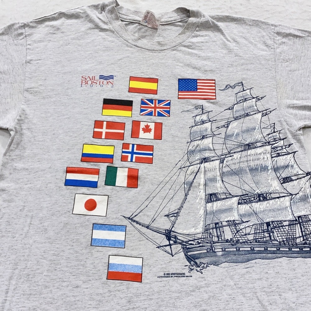 vtg 1991 SAIL BOSTON LARGE PRINT T-Shirt‎ MEDIUM tall ships boat soft 90s